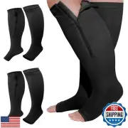 Hillban 2 Pair Plus Size Calf Zipper Compression Socks 15 to 25 Mmhg Open Toe
