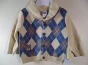 New Anne Geddes Beginnings Boy's Blue Tan Argyle Cardigan Sweater w/ Bear, Sz 9M