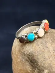 Blue Opal, Coral & Turquoise Zuni Sterling Silver Ring Size 6.25 02501