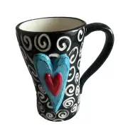 New Heartful Home Demdaco Tall Black & White Coffee Mug With Blue & Red Heart
