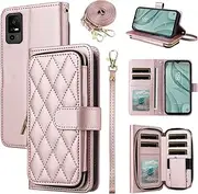 Furiet Argyle Wallet Case for TCL 40 XL/40T 2023 with Wrist Strap Shoulder Strap, 9+ Card Slots Zipper Purse Luxury PU Leather Stand Checkered Phone Cover for TCL40XL 40XL 5G T608M T608DL Rose Gold