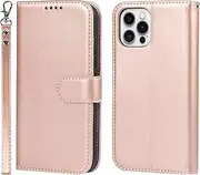 Case for iPhone 12 12Pro Leather Wallet Case with Card Holder Slot SunYoo Drop Protection Shockproof Cover Kickstand Magnetic Handbag with Wrist Strap Women Men Flip Folio for iPhone12 Pro Pink