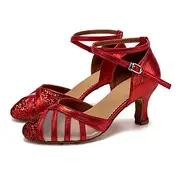 Women's Red Glitter Latin Dance Shoes – Strappy Mesh Ballroom Heels with Suede Sole for Salsa Performance