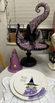 XL Witch Crafters Hat Purple Pedestal RARE Halloween Sculpture Decor Shabby Chic