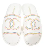 Chanel 21P White Multicolor Lambskin Leather CC Logo Slide Sandal Mule Flat 36