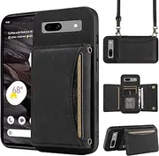 Phone Case for Google Pixel 7A 5G 2023 Wallet Cover with Crossbody Shoulder Strap and Leather Credit Card Holder Pocket Slim Stand Cell Accessories Mobile Flip Purse Pixel7A A7 Women Girls Black