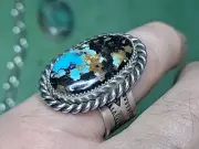 Number #8 Mine Turquoise Sterling Silver Ring Size 9-11 Adjustable Band Signed