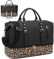 Travel Duffle Bag Women Men Waterproof Shoulder Weekender Black Leopard