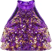 [Jhaoyu] Kids Girls Metallic Sleeveless Halter Latin Salsa Rumba Ballet Dance Crop Top Active Vest Shirt Ballroom Dancewear