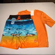 Zero Xposur Swim Trunks Size Small 8, Blue Orange Shark, Orange Sonoma Sun Shirt