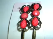 Pair Red Glass and Brass 2.5" Bobby Pins New w Tag