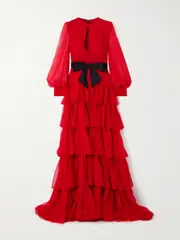 [Valentino Garavani] Valentino Garavani - Bow-detailed Ruffled Silk-chiffon Gown - Red - IT38 IT 38 Red