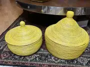 Set Of 2 Yellow Hand Woven Grass Basket w/ Lid Senegal