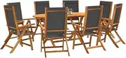 9 Piece Garden Dining Set, Solid Wood Acacia and Textilene, Patio Furniture Set with Folding Chairs, Outdoor Table, Ideal for Porch, Balcony, Bistro, Clearance Set, Comfortable Reclining