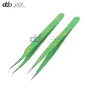 2 Pcs Straight & Curved Tip Tweezer Nipper For Eyelash Extension, Green & Yellow