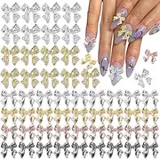 60 Pcs Metal Bow Nail Charms, Alloy 3D Golden Silver Gray Bowknots for Nails, Art Accessories Manicure DIY, Luxury Shiny Bow Tie Gems