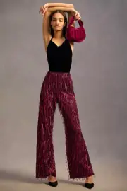 Anthropologie Maeve 6P Fringed Sequined Wide Leg Pants Plum Sequin 6 Petite NWT