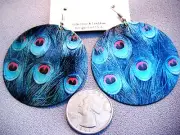Blue Hues Colorful Peacock Dangling Disc Earrings-Feather Motif-2 Inch Diameter