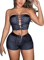 [RISCUYY] Two Piece Sets for Women Sleeveless Sexy Tube Lace Up Corp Top and Short Pants Matching Sets Clothing