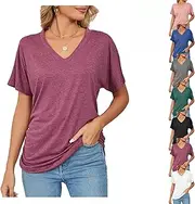 [Generic] Presencte New Casual Pullover V-Neck Solid Color Loose Ladies Tops, Women Summer Comfortable Oversized Tops, Red, XX-Large