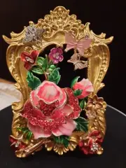 JEWELRY ART- Rhinestone Rose, Flowers, Butterflies in Ornate Gold Frame 5x3"