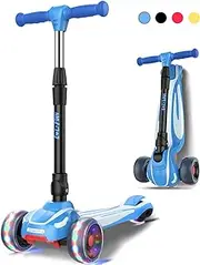 LOL-FUN Toddler Scooter for Kids Ages 3-12 Years Old Boy Girl with 3 Wheel LED Lights, Extra-Wide Childrens Foldable Kick Scooter Kids Ages 3-5 with 4 Adjustable Height and Lean-to-Steer