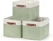 Tinyso Fabric Nursery Storage Baskets for Shelves(3 Pack),Foldable Large Storage Baskets for Organizing,Linen Storage Cube Box Decorative Baskets Bins with Handles for Closet,Clothes,Toy (Green)