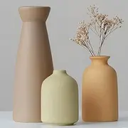 Distressed Ceramic Vase Set of 3, Modern Bohemian Farmhouse Home Decor, Pampas Grass Dried Flowers Vases for Living Room, Dining Room, Bedroom, Kitchen, Bathroom, Office, Entryway (Brown Mix)
