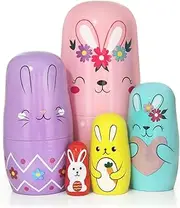 Set of 5 Bunny Russian Nesting Dolls,Easter Cute Rabbit Wooden Matryoshka Nesting Dolls with Garland Carrot Heart Pattern for Kids Stacking Christmas Birthday Easter Toy Gift Home Decoration