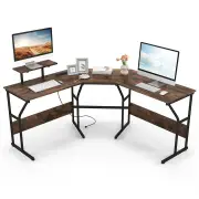 CostwayL-shaped Desk with Power Outlet for Working Writing Gaming-Rustic Brown