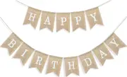 Lertenys Happy Birthday Banner for Birthday Party Decorations, Rustic Burlap Bunting Chevron, 2 in 1, Linen White