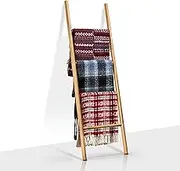 5ft Solid Wood Blanket Ladder Shelf Stand with One-Piece Side Rails, Crafted Entirely from Natural Wood, 4 Tier Rustic Wall Leaning Holder Rack for Bedroom Living Room (Natural Wood)