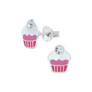 Solid 925 Sterling Silver Pink Cupcake Enamel Stud Earrings Women Girls