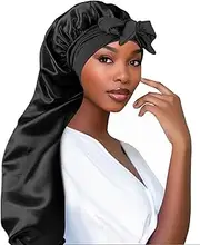Adorila Extra Long Satin Bonnet for Women, Adjustable Braid Bonnet with Tie Band, Double Layer Elastic Silk Bonnet, Black, One Size