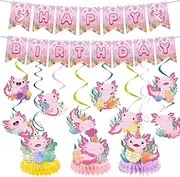 Refavor 15PCS Axolotl Theme Birthday Party Decor - Pink Banners, Axolotl Hanging Swirls, Honeycomb Centerpieces