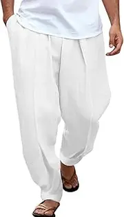 [Generic] Men's Cotton Linen Pants Yoga Golf Beach Jogger Pants Lightweight Elastic Waist Loose Open Bottom Track Pants Pockets