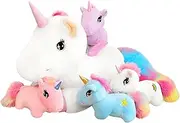 SQEQE Stuffed Animals Cute Unicorn with 4 Babies in Tummy, Rainbow Flying Unicorns Plush Pillow Toys with Wings, Christmas & Birthday Present for Kids