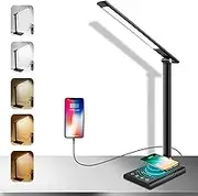 LED Desk Lamp with Fast Wireless Charger & USB Charging Port, 12W Table Lamp with 35 Adjustable Light Choices, Touch Control & Memory Function, Led Desk Light for Home Office, Reading,Studying (Black)