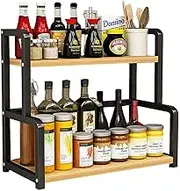 Dreamhousey Stainless Steel +Wooden Board 2-Tier Kitchen countertop Condiment Spice Storage Rack, Wood Black Seasoning Tank Kitchen Supplies Organizer Shelf (Large)