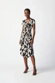 Joseph Ribkoff Black/Moonstone Geometric Print Asymmetric Faux Wrap Dress 241029