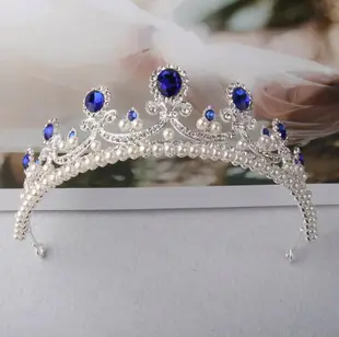 新款新娘皇冠 結婚頭飾 婚紗皇冠發飾 珍珠水鉆藍色皇冠韓式2022