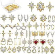 Maitys 48 Pcs Charms Gold 3D Nail Gems Heart Rhinestones Shiny Diamonds Metal Crystals Jewelry Luxury Decoration with Storage Box for Women DIY Hand Beauty, 24 Styles