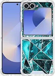 [SuzaCase] Clear Case for Samsung Galaxy Z Flip 6 - Samsung Z Flip 6 5G Case with Stylish Marble Teal Geometric Pattern Printed Durable Clear Shockproof Drop Protection Back Case for Samsung Z Flip6