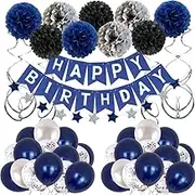 Navy Blue Birthday Flag Pulling Night Blue Balloon Paper Flower Ball Decoration Set Blue Silver Star Flower Spiral Pendant(47pcs package containers)