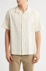 Wax London Didcot Stripe Camp Shirt in Ecru /Orange at Nordstrom, Size Large Ecru/Orange