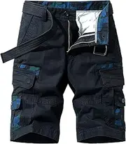 [PHJTOMK] Mens Buckle Zipper Cargo Shorts Loose Fit Multi Pocket Work Short Military Paratrooper Vintage Style Camo Shorts, Black, 30