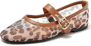 [Voviggiw] Women Leopard Mesh Ballet Flats Round Toe Buckle Mary Jane Flat Comfortable Casual Ballerina Shoes