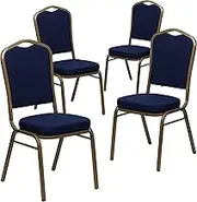Flash Furniture 4 Pack Hercules Series Crown Back Stacking Banquet Chair in Navy Blue Patterned Fabric - Gold Frame