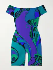 [PUCCI] PUCCI - Orchidee Off-the-shoulder Printed Satin-jersey Playsuit - Blue - small small Blue