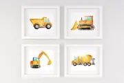 4 x A4 Unframed Nursery/Baby/Kids/Boys Construction Watercolour Wall Prints Gift